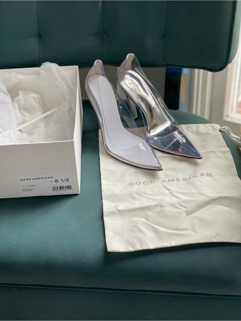 Good American Clear PVC Pointed Toe Pumps with Silver Accents